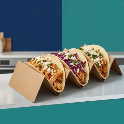 Kraft taco holder keeping three filled soft tacos upright on a counter