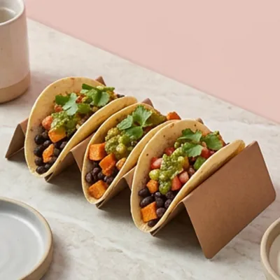Kraft taco holder with three tacos filled with sweet potato and black beans