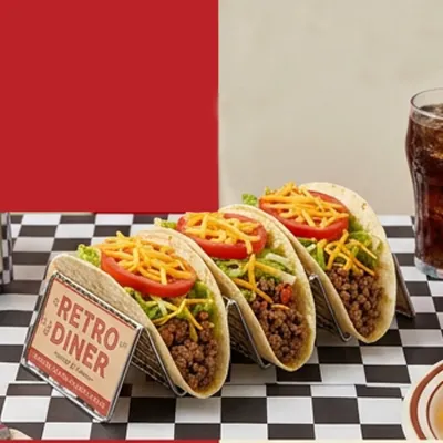 Printed taco holder in a diner style holding three hard shell tacos