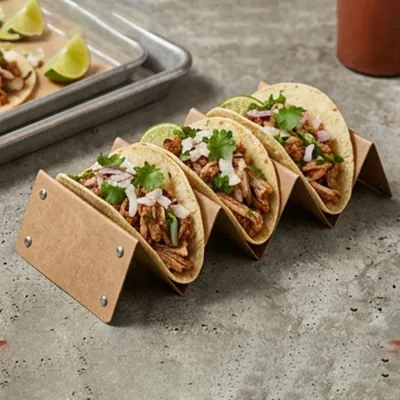 Kraft taco holder with four filled tacos on a stainless steel prep surface