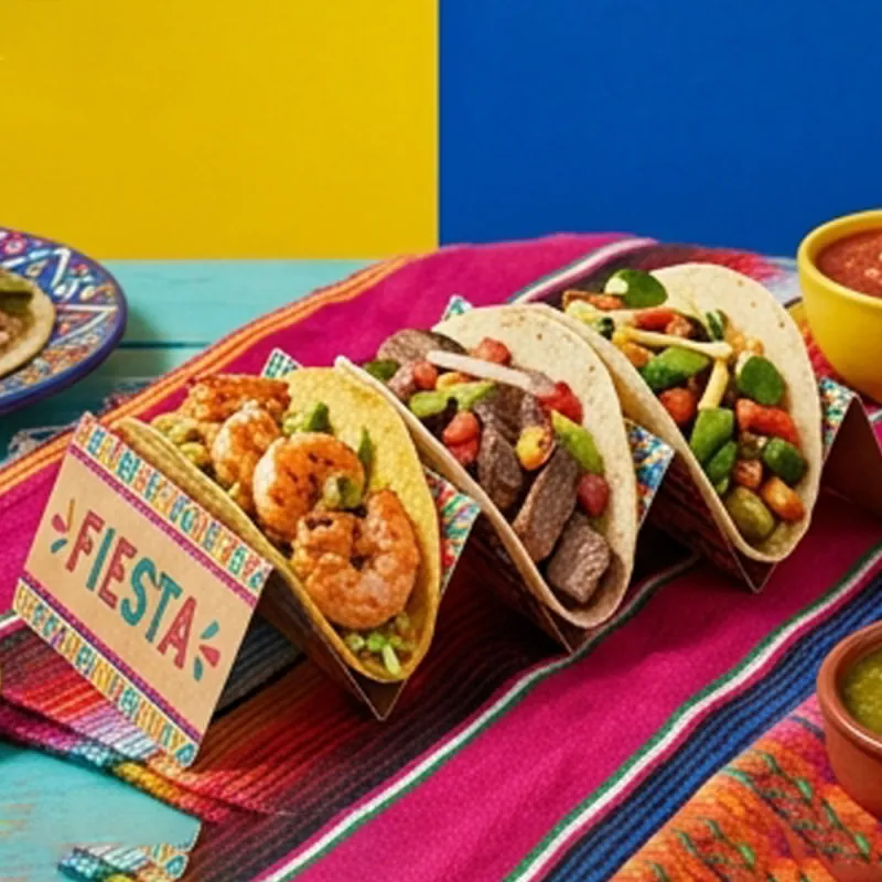 Brightly printed taco holder with five filled tacos on a colourful table runner