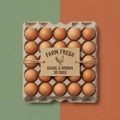 Moulded fibre 30-egg flat holding brown eggs with a printed paper band