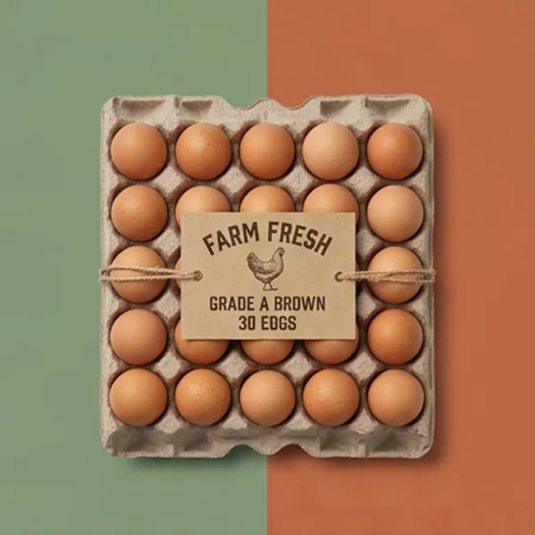 Moulded fibre 30-egg flat holding brown eggs with a printed paper band