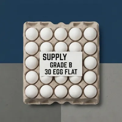 Grey moulded fibre 30-egg flat holding white eggs with a printed label