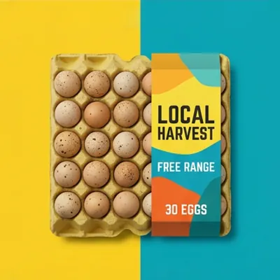 Yellow moulded fibre egg flat holding speckled eggs with a printed sleeve