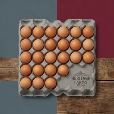 Grey moulded fibre 30-egg flat holding brown eggs on a wooden surface