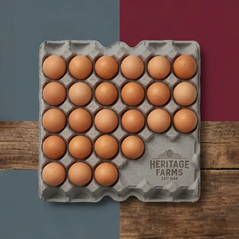 Grey moulded fibre 30-egg flat holding brown eggs on a wooden surface