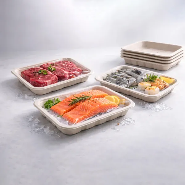 Moulded fibre meat trays holding steak and salmon fillets on ice