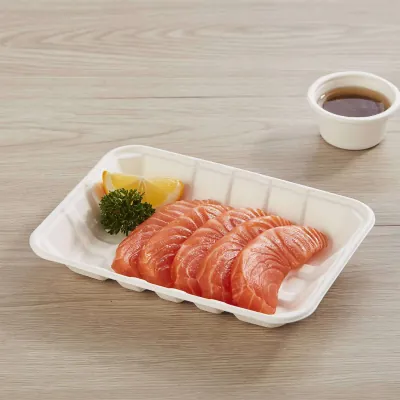 Moulded fibre tray holding raw salmon fillets with dill and lemon