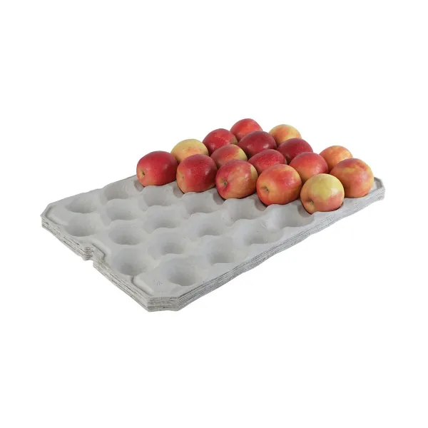 Moulded fibre produce tray holding a layer of apples in formed pockets