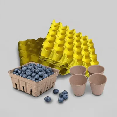Moulded fibre berry punnets and produce cups beside fresh blueberries