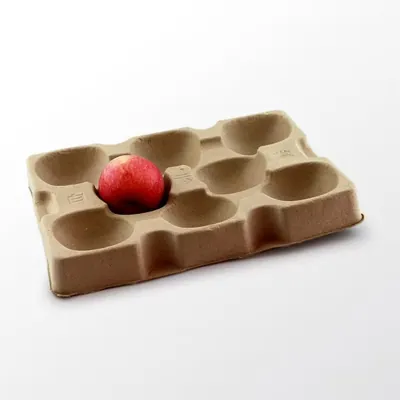 Kraft moulded fibre produce tray with formed pockets holding an apple