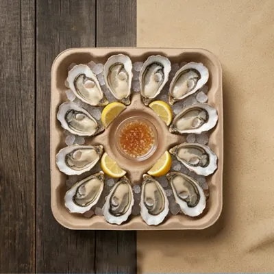 Moulded fibre oyster tray holding a dozen half-shell oysters around a centre sauce well