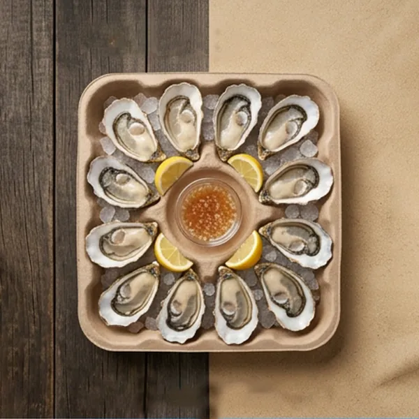 Moulded fibre oyster tray holding a dozen half-shell oysters around a centre sauce well
