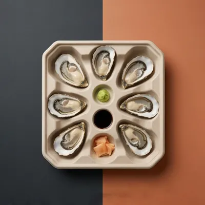 Moulded fibre oyster tray with twelve shells and three small sauce recesses