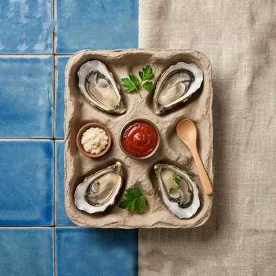 Fibre oyster tray holding half-shell oysters with sauce pots and a spoon
