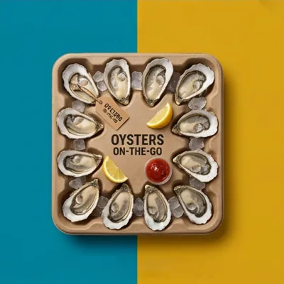 Printed oyster tray holding half shells with lemon and sauce for takeaway