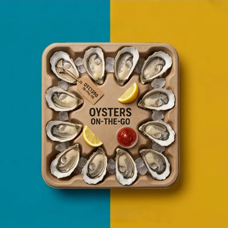 Printed oyster tray holding half shells with lemon and sauce for takeaway