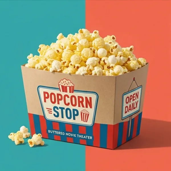 Printed popcorn box in red and blue holding buttered popcorn