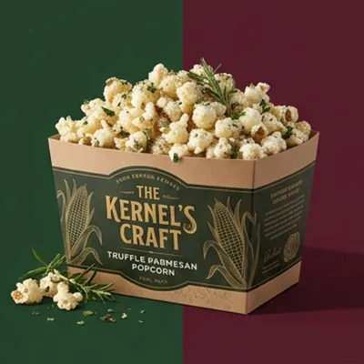 Dark printed gourmet popcorn box holding truffle popcorn