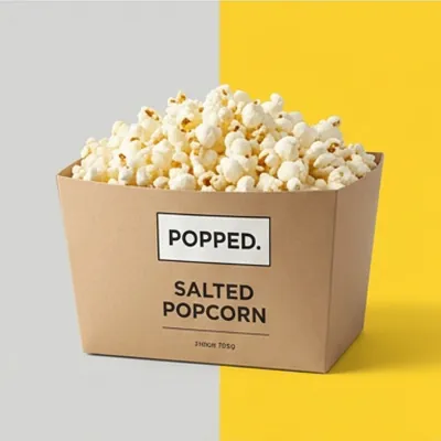 Plain kraft popcorn box with minimal printed branding