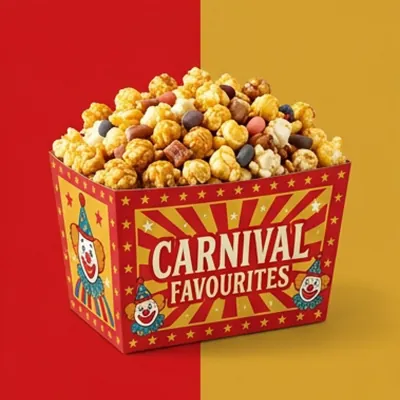 Bright carnival-style popcorn box holding coated popcorn