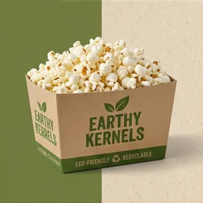 Kraft popcorn box with a green printed design holding plain popcorn