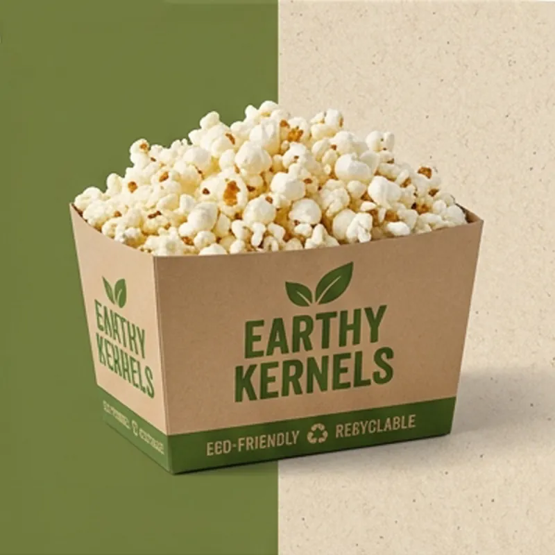 Kraft popcorn box with a green printed design holding plain popcorn