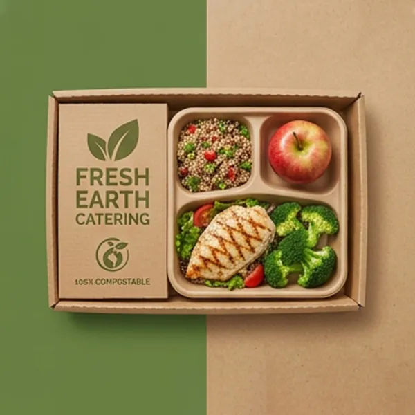 White rigid cafeteria tray holding salmon, rice and vegetables with a printed insert card