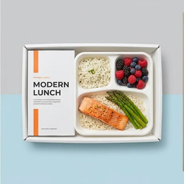 White rigid cafeteria tray holding salmon, rice and vegetables with a printed insert card