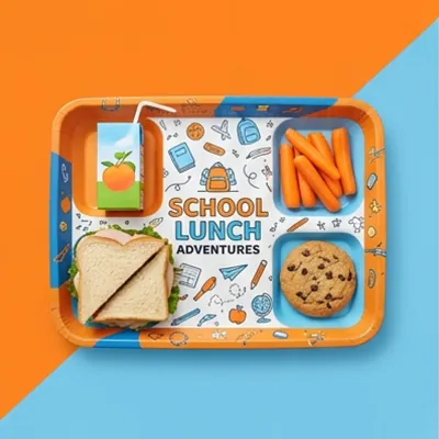 Illustrated school cafeteria tray holding a sandwich, carrots, fruit and a cookie