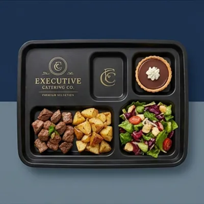 Black rigid cafeteria tray holding a plated meal with sides and a dessert
