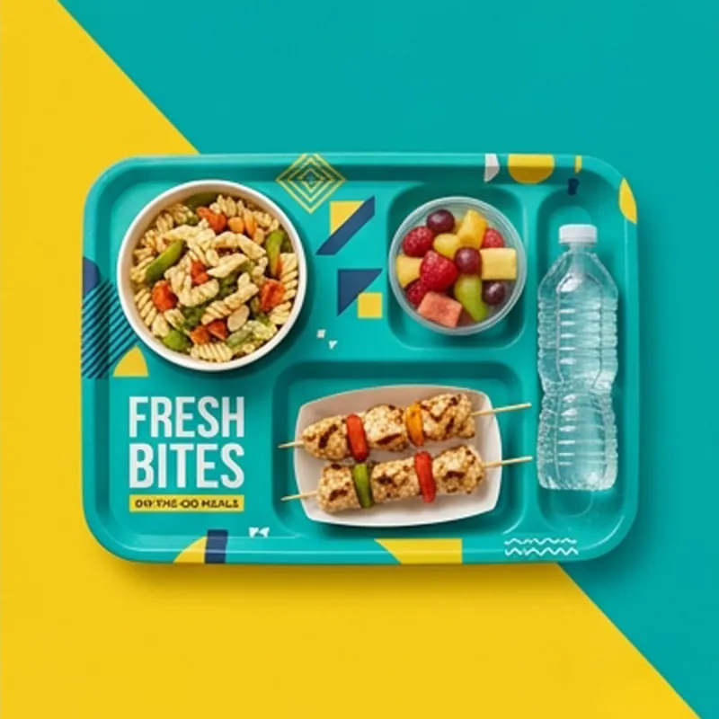 Teal cafeteria tray holding a wrap, salad, fruit and a bottle of water