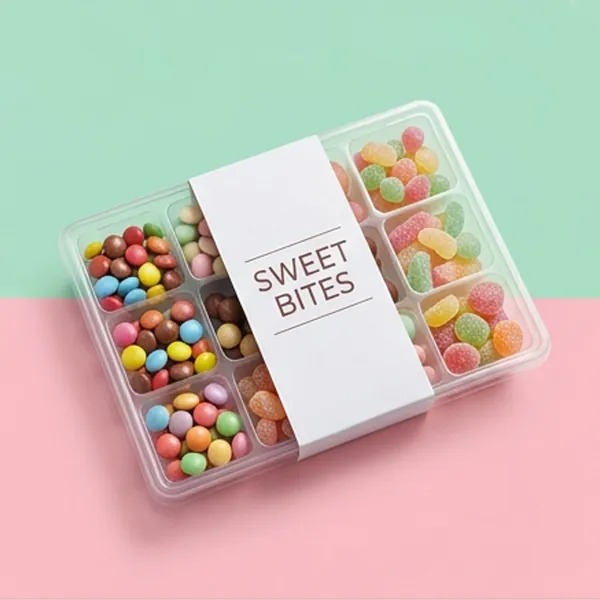 Clear compartment candy tray holding assorted sweets behind a printed band