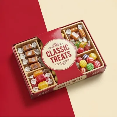 Red confectionery box with a fitted tray holding assorted sweets and chocolates