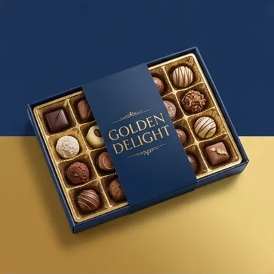 Navy chocolate box with a fitted insert holding individual chocolates