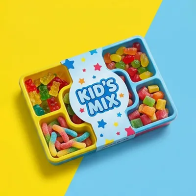 Brightly printed compartment candy tray holding jelly sweets