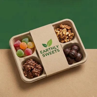 Kraft fibre compartment tray holding sweets, nuts and chocolates behind a printed band