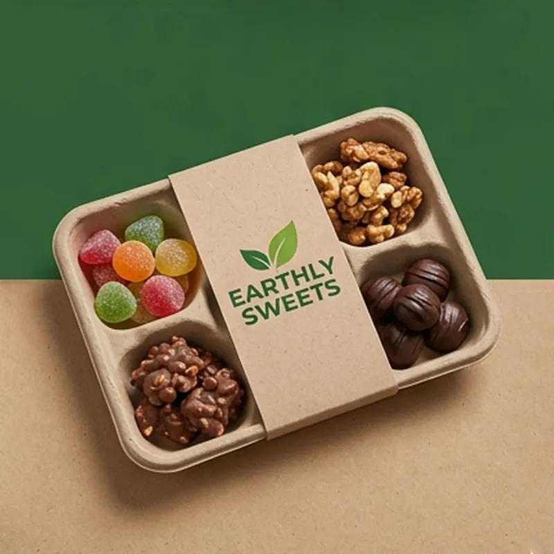 Kraft fibre compartment tray holding sweets, nuts and chocolates behind a printed band