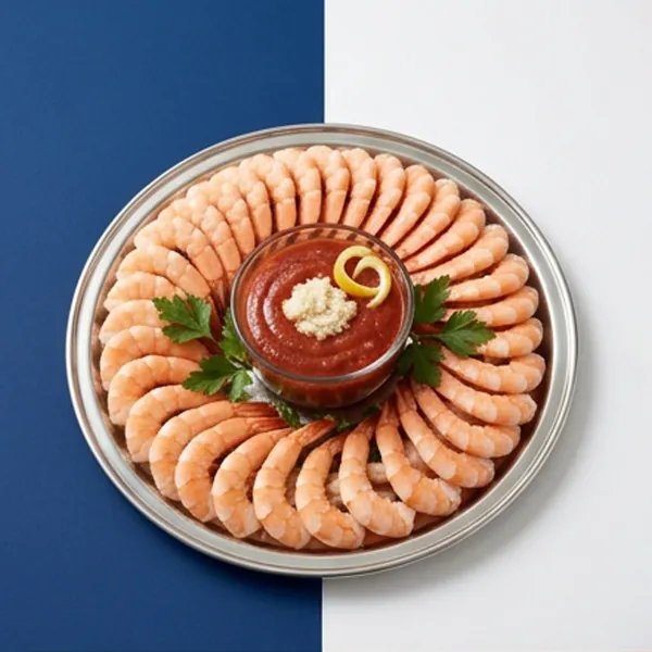Round shrimp cocktail platter with prawns arranged around a central sauce pot