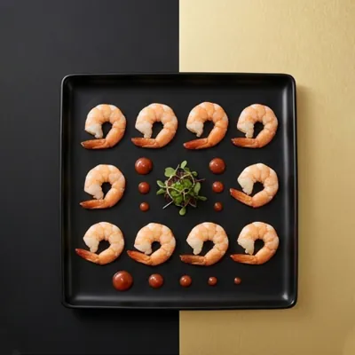 Square dark platter holding prawns arranged in rows with garnish
