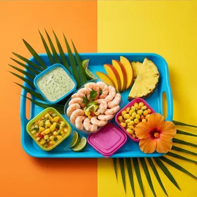 Colourful compartment platter holding prawns, dips and tropical garnishes