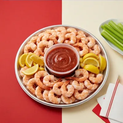 Round shrimp platter with prawns arranged around cocktail sauce and lemon