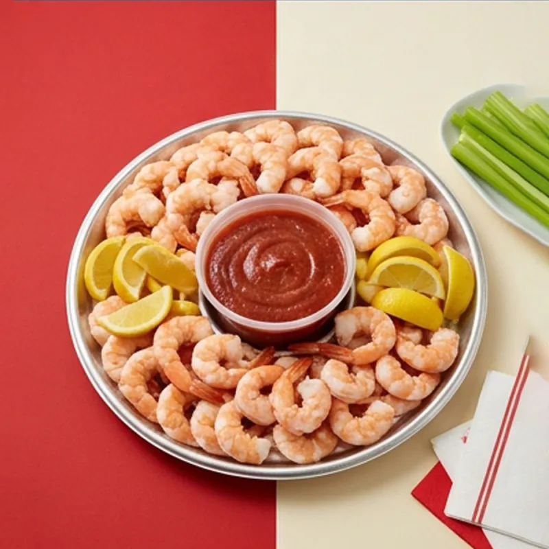 Round shrimp platter with prawns arranged around cocktail sauce and lemon