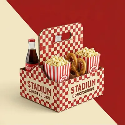 Printed stadium concession carrier holding drinks, popcorn and burgers