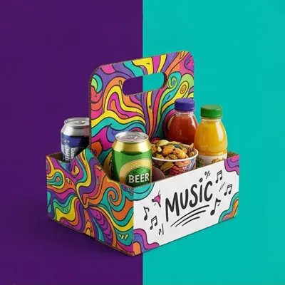 Brightly printed festival carrier tray holding cans, bottles and snacks