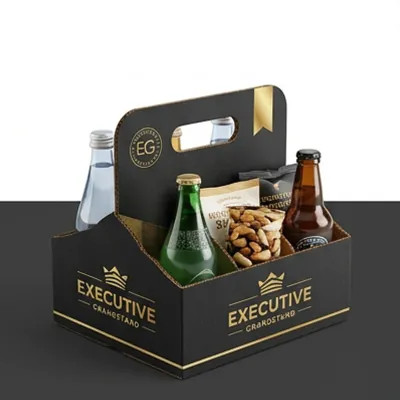Black printed carrier tray holding bottles and snack portions