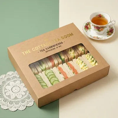 Kraft tea sandwich box with a full-length window showing a row of finger sandwiches