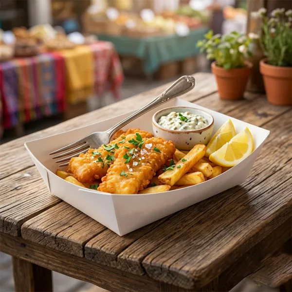 White paper food tray holding fried fish goujons, chips and a dip pot on a market table