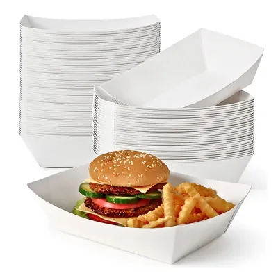 Stack of white paper food trays beside a filled tray with a burger and curly fries